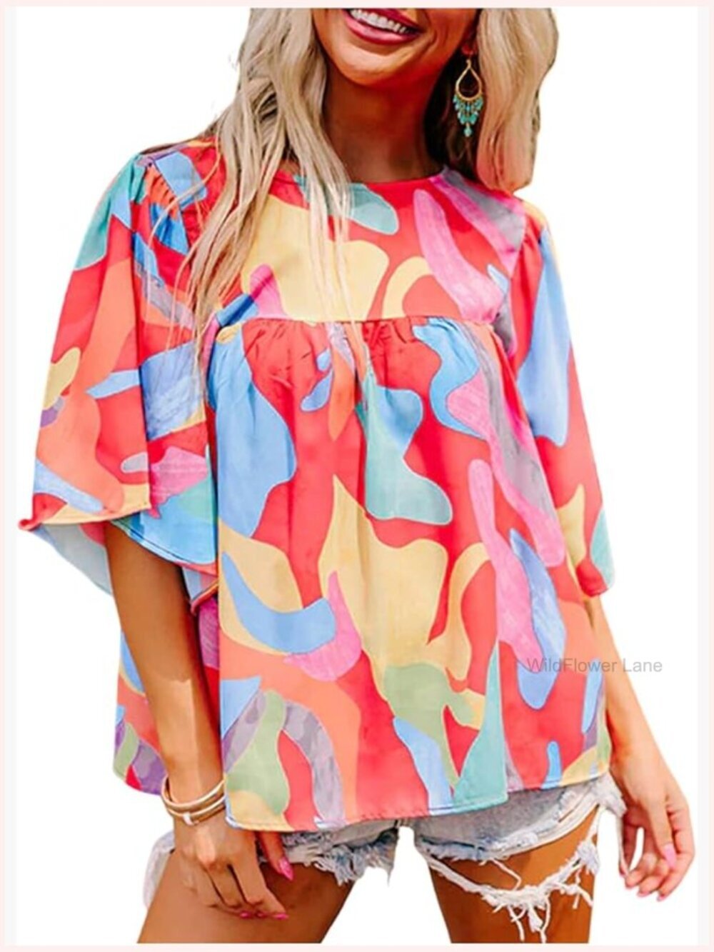 Women's Babydoll Top Flutter Short Sleeve Crew Neck Flowy Blouse